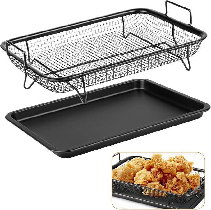 2 Piece Air Fryer Basket for Oven,Stainless Steel Oven Crisping Baskets & Tray Set 12.8 x 9.6 Inch, Air Fryer Basket Rack Oven for Non-Stick & Healthy Cooking (Black)