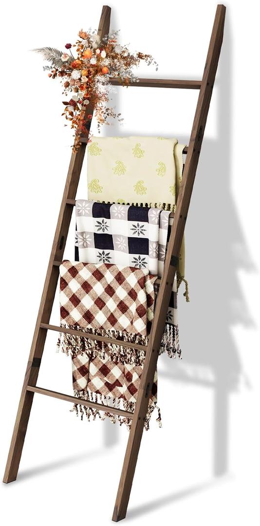 Acacia Wood 6-Tier Blanket Ladder, 5.7FT(66.5'') Blanket Quilt Towel Holder Rack Decorative Ladder Wooden, Easy Assembly, Rustic Farmhouse Ladder Shelf for the Living Room Bedroom Bathroom Home Decor