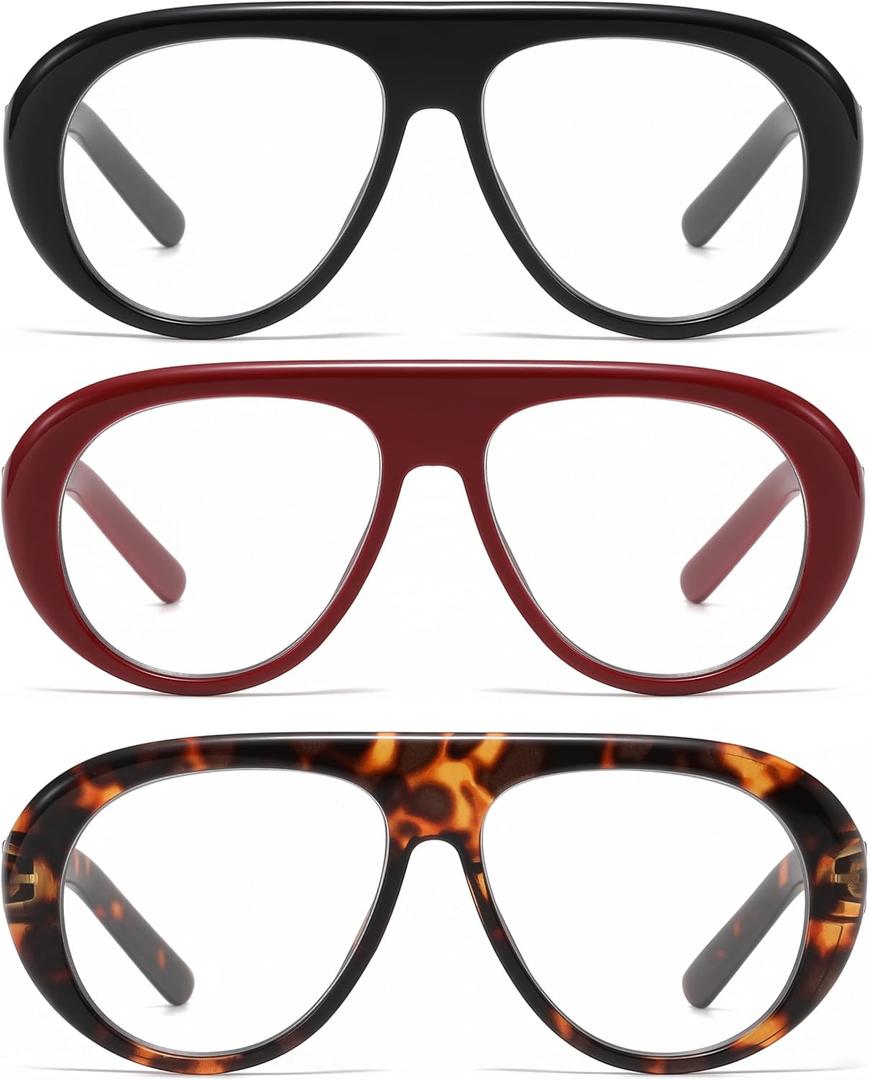 AMOMOMA 3 Pack Retro Oversized Aviator Reading Glasses for Women Men,Trendy Blue Light Blocking Readers Large Frame (Shiny Black+red+brown Tortoise), Magnification Strength: 1.0 x