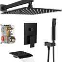 Rain Shower System 12 inch Shower Faucet Set with Tub Spout,Bathroom Wall Mounted Waterfall Shower Head Faucet Sets Complete with Handheld Spray,Rough-in Valve Body and Trim kit,Matte Black