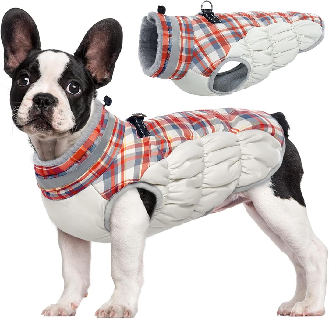 FUAMEY Dog Coat for Medium Dogs, Water proof Dog Winter Jacket with Harness Built in Puppy Cold Weather Coats Reflective Pet Vest with Zipper Warm Fleece Dogs Snowsuit Windproof Red Plaid (M(chest:21in))