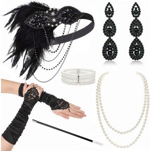 BABEYOND 1920s Flapper Accessories Gatsby Costume Accessories Set 20s Flapper Headband Pearl Necklace Gloves Plastic Holder