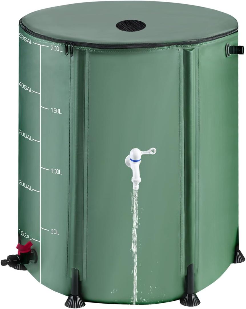 53 Gallon Collapsible Rain Barrel with Zip, 1000D Oxford Foldable Water Barrels Rain Catcher from Gutter, 200L Protable Rainwater Collection Barrel Ice Bath Tub with 3 Spigots and 12 Half Poles Kit