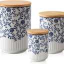 Canisters Sets for Kitchen - Ceramic Kitchen Containers for Countertop with Airtight Wood Lids - Flour and Sugar Containers for Coffee Tea Spice Beans Cookie Jars - Blue Set of 3