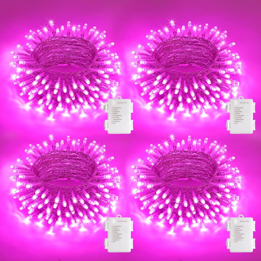 JMEXSUSS 4 Pack 50 LED Pink Battery Operated Lights, Each 16.5ft Pink String Lights Outdoor Waterproof, 8 Modes Valentines Lights Indoor with Timer for Bedroom Christmas Valentines Day Decor