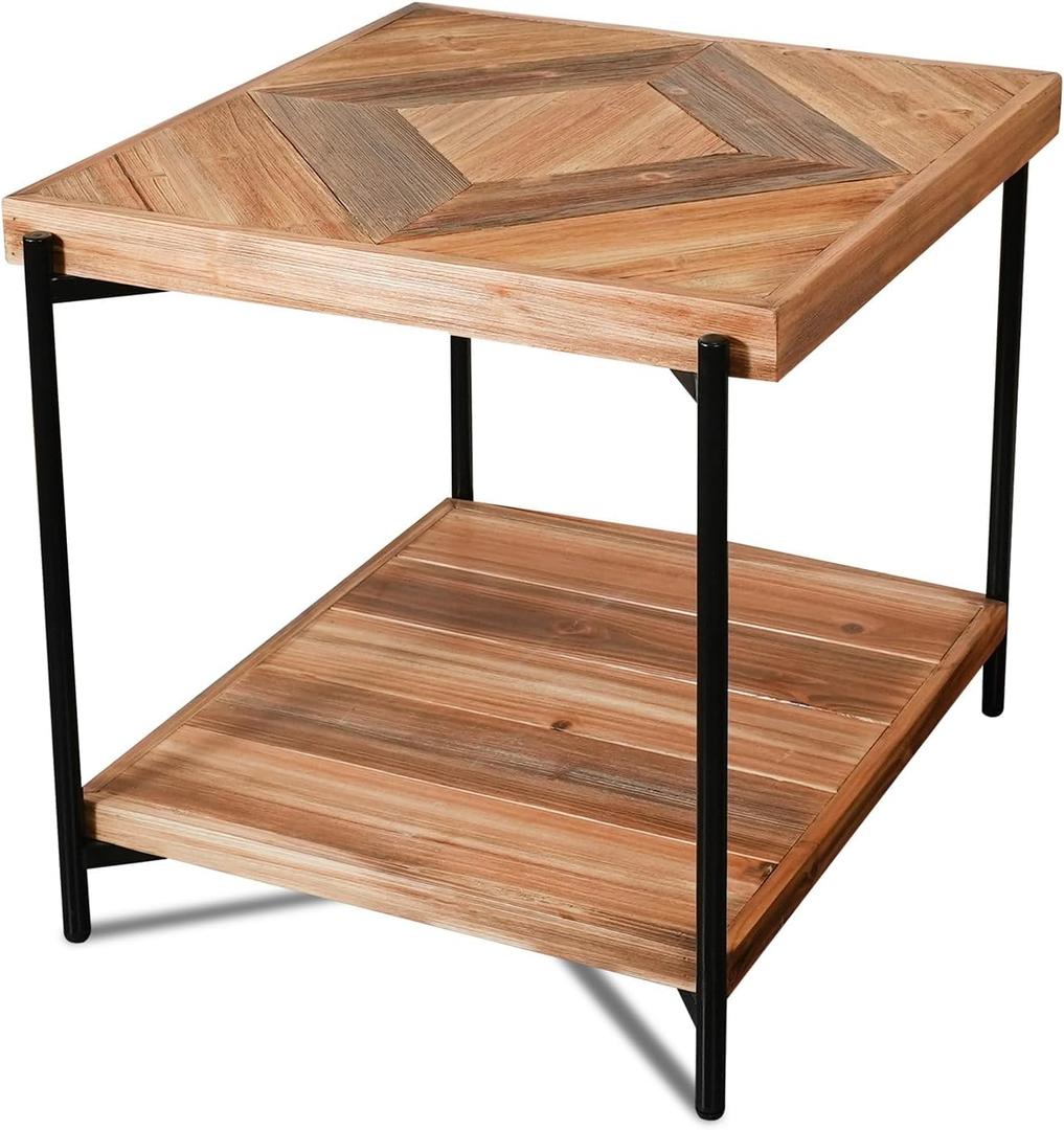 StoneCreek End Table 23 inch, Solid Fir Wood Side Table with Metal Frame, 2-Tier Storage Shelf, Square Nightstand for Living Room, Bedroom & Office, Rustic Style