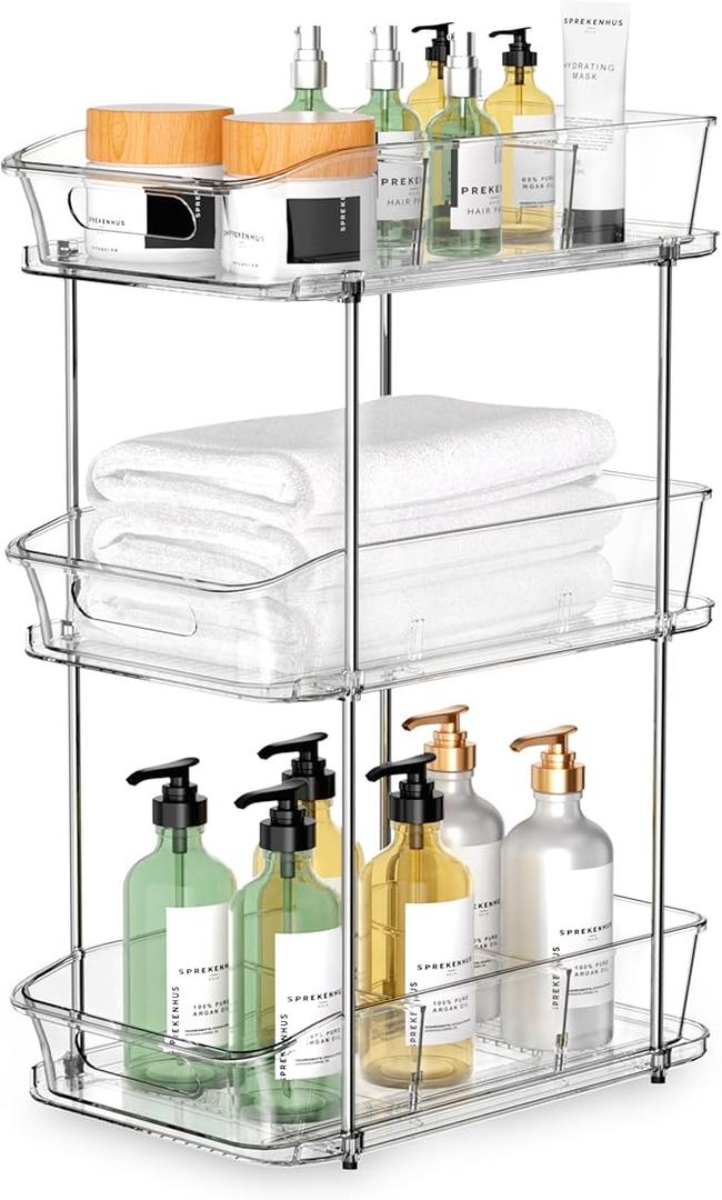 incostar 3 Tier Under Sink Organizer and Storage  MultiPurpose Stackable Pantry Organizer with PullOut Clear Bins and Movable Dividers for Kitchen and Bathroom Cabinet