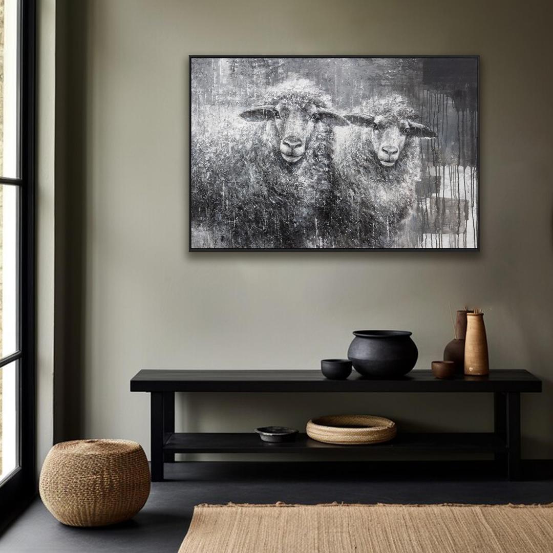 Animal Wall Art Decor Farmhouse Sheep Picture Large Size Modern Farmhouse Decor Vintage Rustic Farm Animals Painting Cute Sheep Artwork For Kitchen Living Room 48'' X 32'' With Framed