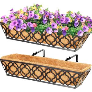 Y&M 24-Inch Window Planter Box 2Pcs Iron Deck Railing With Coco Liner, Metal Horse Troughs for Outdoor Balcony Rail Fence Porch Patio