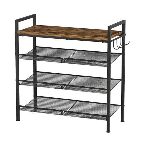 MILEFA 4 Tier Shoe Rack, Shoe Rack for Front Door Entrance with Hook, Steel Frame and Adjustable Mesh Shelves, Metal Shoe Organizer for Entryway, Bedroom, Closet