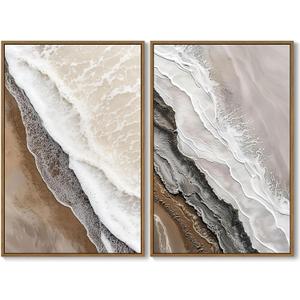 Framed Coastal Beach Wall Art Seawave Beachy Texture Pictures Wall Decor Boho Abstract Ocean Scenery Painting Prints Modern Seascape Artwork for Living Room Bedroom Home Office Decor, 16"x24"x2Pcs