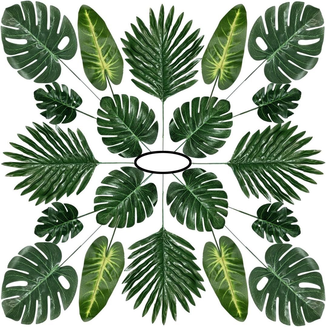 60 Pieces 5 Kinds Artificial Palm Leaves with Faux Stem, Tropical Party Decorations Jungle Monstera Leaves Safari Leaves for Hawaiian Luau Party Jungle Beach Table Leave Decorations