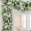 Pre-lit Christmas Garland 9 FT with 100 Warm Lights, Battery Operated Xmas Garland with Cedar Cones and Red Berries, Christmas Decoration for Mantle Fireplace Stair Railing Porch