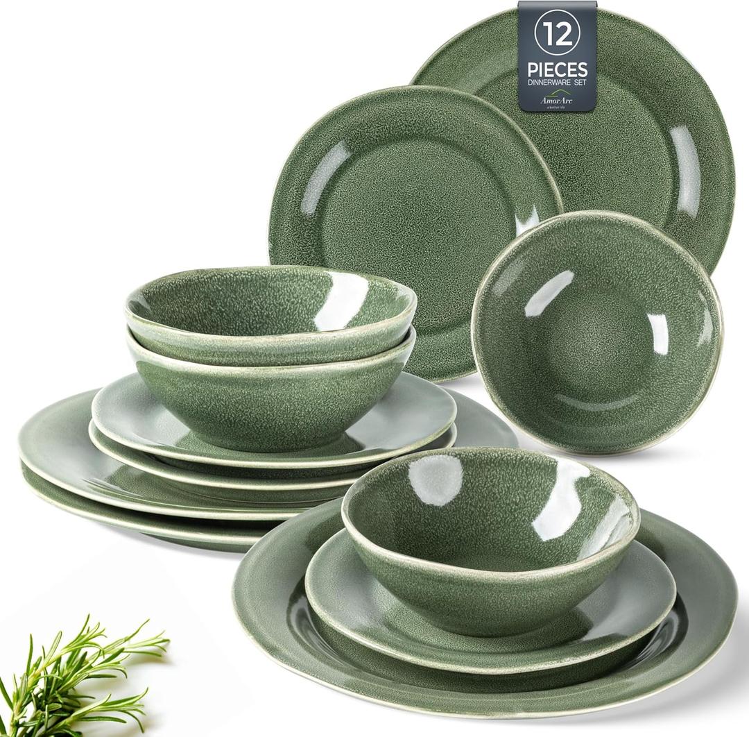 AmorArc Ceramic Dinnerware Sets, Handmade Stoneware Reactive Glaze Plates and Bowls Set, Scratch Resistant | Dishwasher & Microwave Safe Dishes Set, Service for 4 (12pc) (Jade Green)