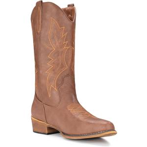 IUV Cowboy Boots For Women Western Boots Cowgirl Boots Pull On Pointy Toe Mid Calf Boots Size 8 (Brown)