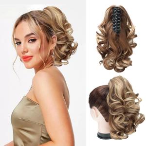 Short Ponytail Extension Claw Clip in Hair Extensions for Women 10 Inch Loose Curly Ponytails Synthetic Updo Hair Pieces for Kids Girls (Light Brown mix Blonde)