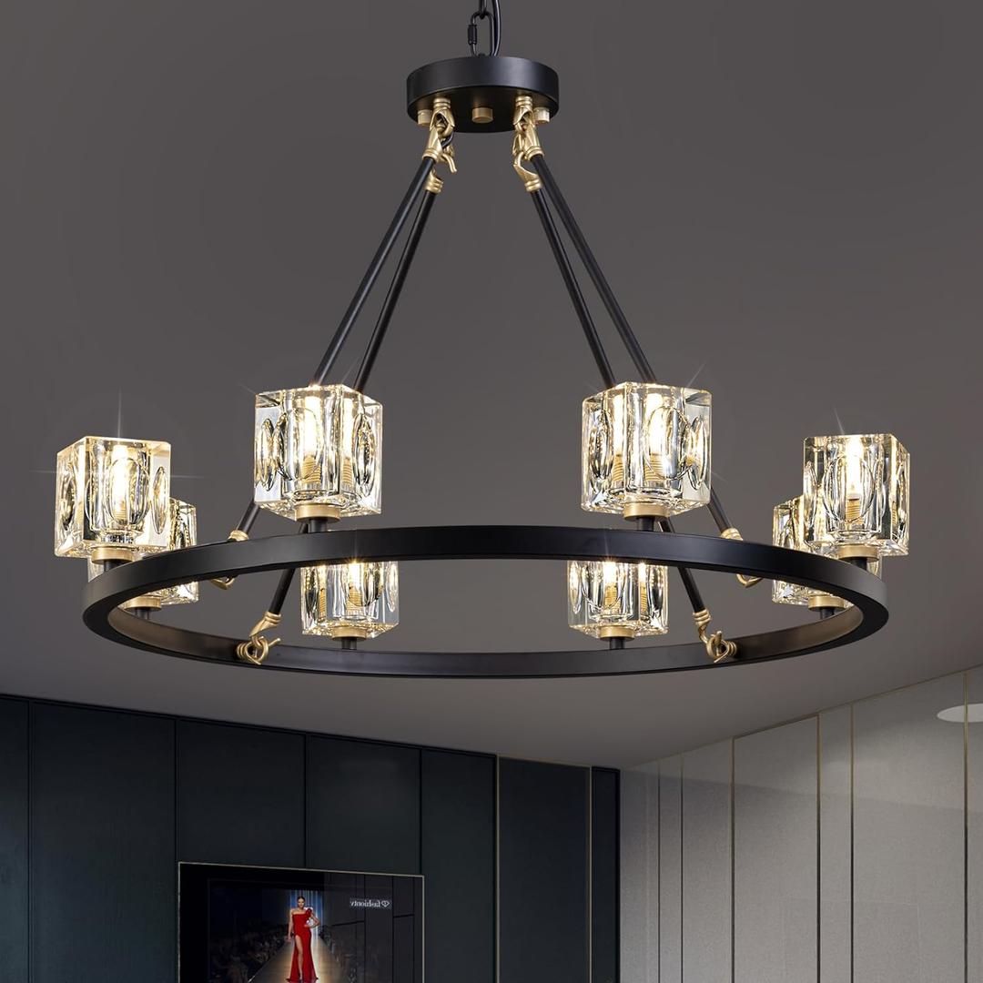 Black Wagon Wheel Chandelier, 8-Light Farmhouse Crystal Chandeleirs with Adjustable Height,Ceiling Hanging Light Fixture Pendant Lights for Living Room,Bedroom,Kitchen Island,Dining Room