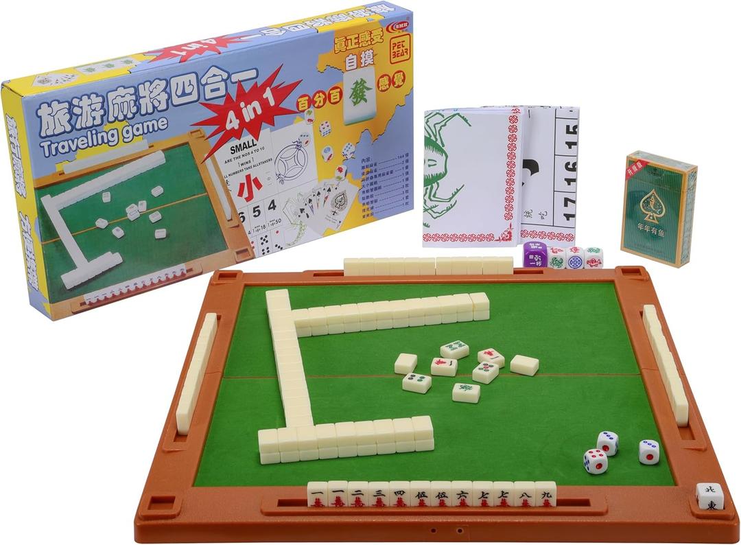 drizzle Travel Mahjong Set 4 in 1 with Mahjong Table - 146 Tiles Portable Size Mah-Jongg - Poker Size Drawings Fish & Shrimp & Crab Drawings - Travel Board Games Dormitories