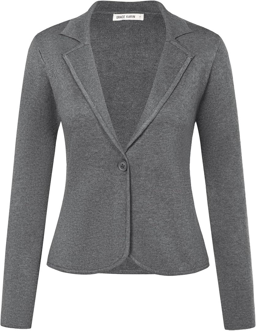 GRACE KARIN Women Sweater Blazer Casual Work Croppped Cardigan Lightweight Button Front Short Knit Blazer Jacket  (Medium Grey)
