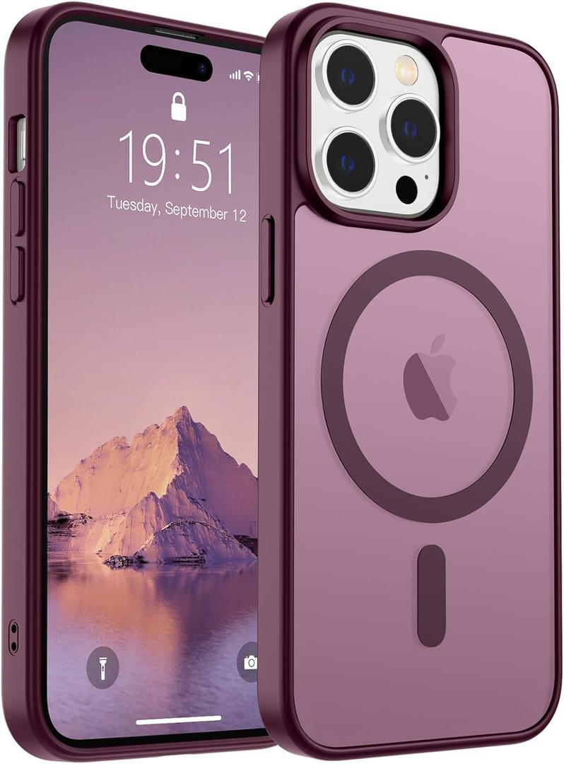 SUPFINE Magnetic for iPhone 14 Pro Case (Compatible with MagSafe) (Military Grade Drop Protection) Slim Translucent Matte Shockproof with Anti-Fingerprint Phone Case,Wine Red
