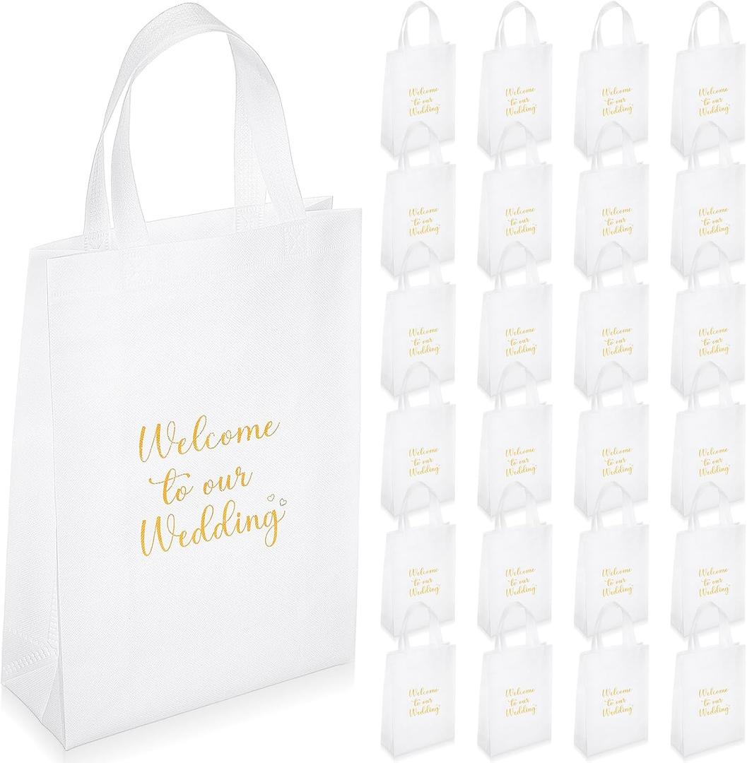 Sweetude 25 Pcs Wedding Reusable Gift Bags with Handle 10 x 14 x 4 Inches White Gold Non Woven Tote Bulk Welcome to Our Wedding for Bridal Shower Party Favors
