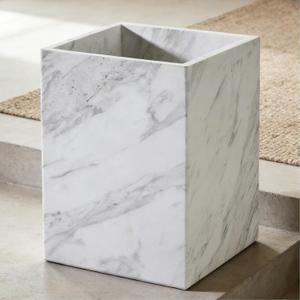 White Marble Wastebasket, Natural Rectangular Trash Can, Luxury Durable Real Stone Storage Basket, Elegant Garbage Container for Bathroom, Home Office, Living Room