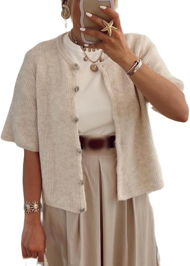 Women's Y2K Button Down Cardigans Shirts Summer Short Sleeve Knitted Blouse Top Going Out Cropped Knit Tops (Large)