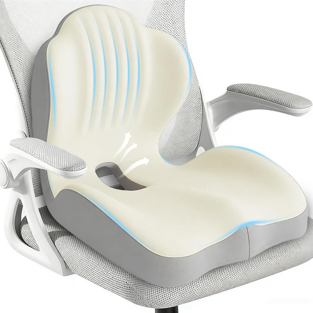 Seat Cushion for Office Chair Car, L-Shaped Ergonomic Seat Cushions,Memory Foam Orthopedic Cushion with Coccyx Hollow,Lumbar Support & Tailbone Pain Relief for Car, Truck, Gaming Chair,Beige & Gray