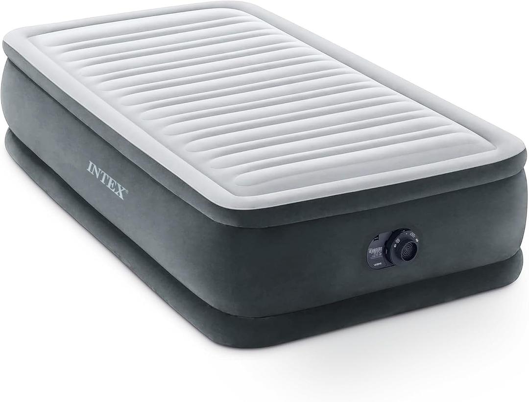 Intex 67765ED Dura-Beam Deluxe Comfort-Plush Mid-Rise Air Mattress : Fiber-Tech  Twin Size  Built-in Electric Pump  13in Bed Height  300lb Weight Capacity (Grey)