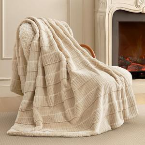 Amlie Home Luxury Striped Faux Fur Throw Blanket for Couch, Soft Cozy Fuzzy Fluffy Soft Plush Blankets Sofa Chair Gift Blankets for Women, 60"x80", Beige