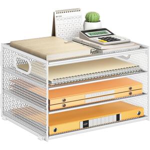Subekyu Paper Letter Tray Organizer for Desk, White Metal Mesh Desk File Sorter Organizer with Handle and 2 Sliding Trays for Home Office School Supplies Organization