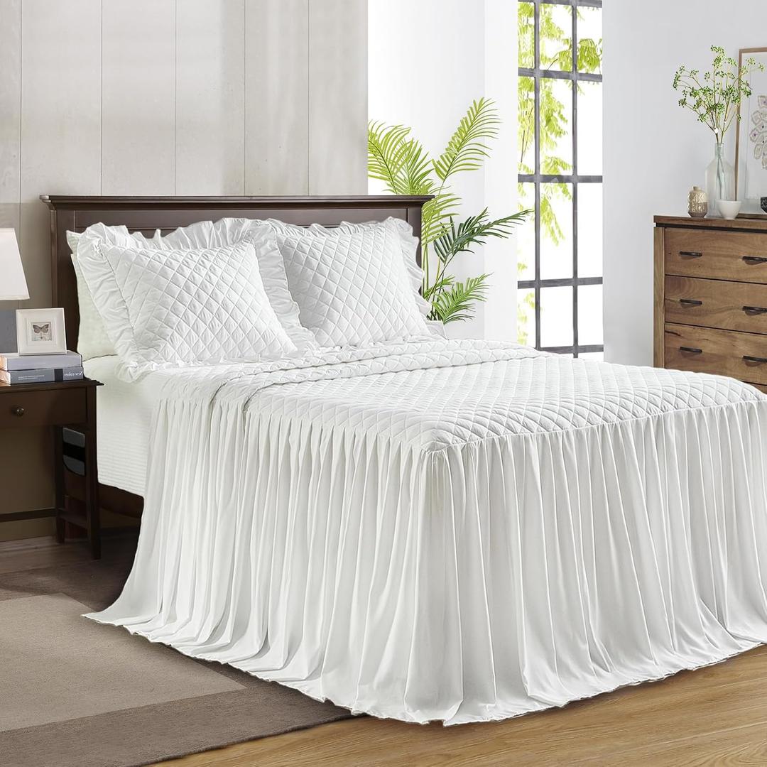 Ruffle Skirt Bedspread Set - 30" Long Drop - Vintage Chic Ruffled Summer Coverlet Bed Spreads Quilt Boho Bedding Farmhouse Style Lightweight Luxurious Rustic 3 Piece Set King Size White