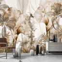 Modern Neutral Beige Abstract Tropical Leaves Art Wallpaper Peel and Stick Canvas material beige tropical palm leaf wallpaper easy peel and stick removable waterproof durable home decor, 135" x 96"