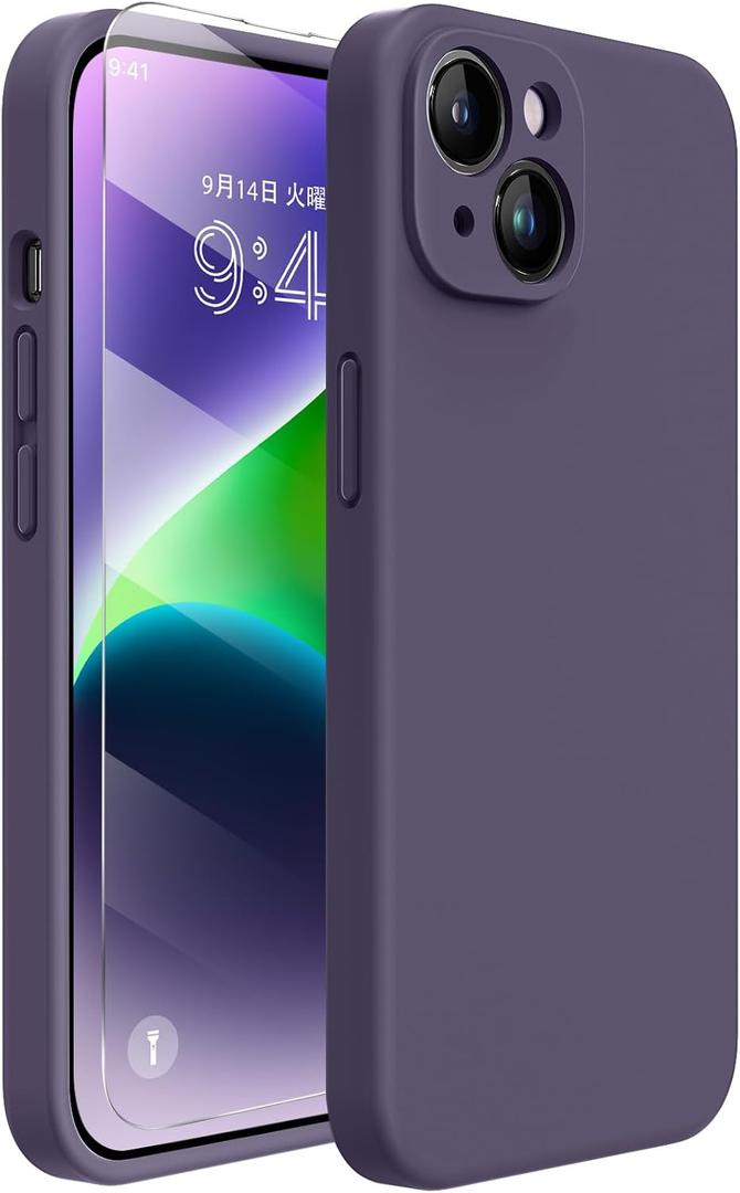 Miracase Designed for iPhone 14 Case with Screen Protector,[Upgraded Enhanced Camera Protection],Shockproof Liquid Silicone Case with Microfiber Lining, 6.1 inch,Dark Purple