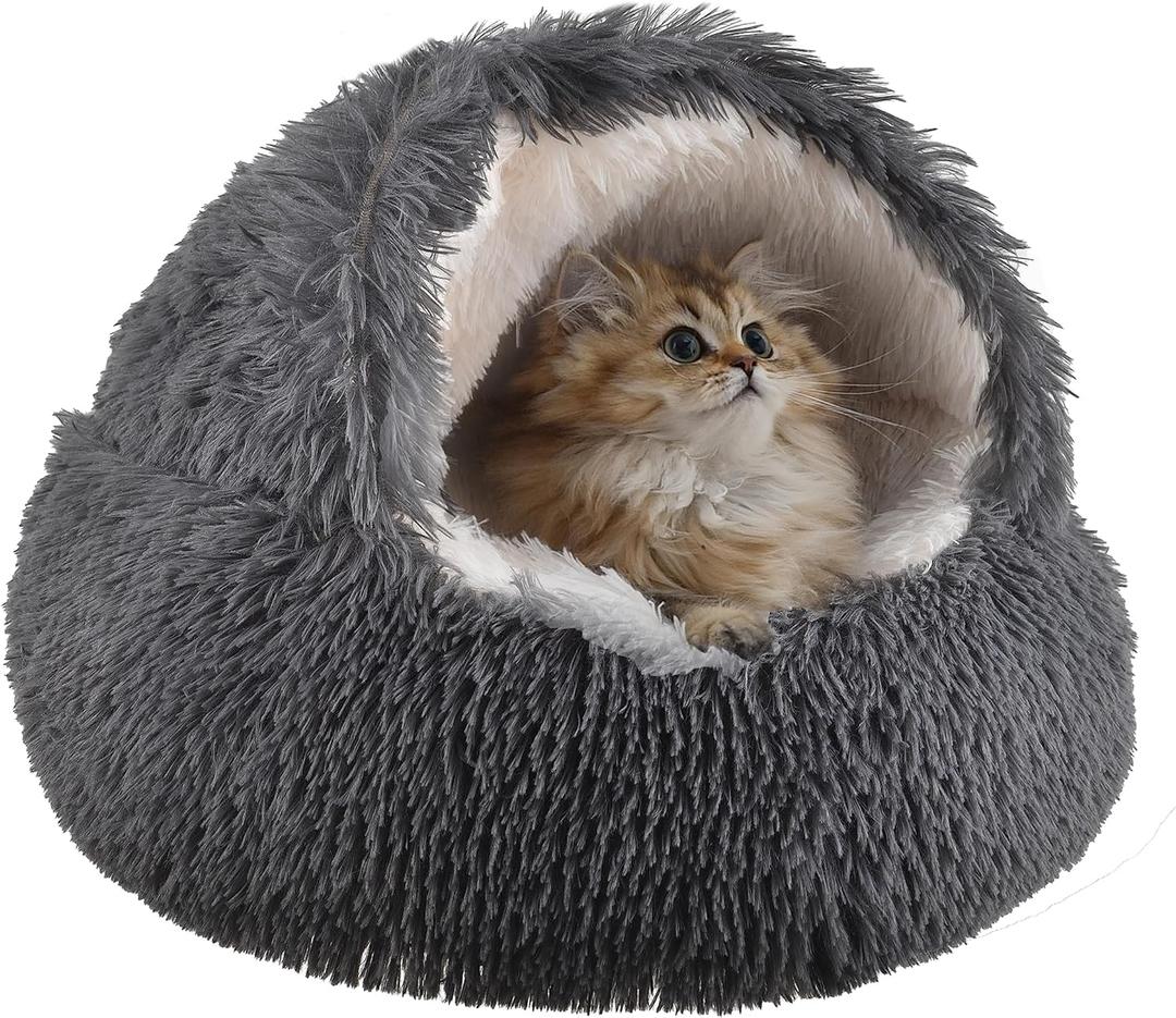 Cat Bed Round Fluffy Hooded Cat Bed Cave, Anti-Anxiety Cave Bed with Hooded Blanket, Cozy Cuddler Luxury Puppy Pet Bed, Anti-Slip Bottom and Machine Washable (Dark Grey, Medium)