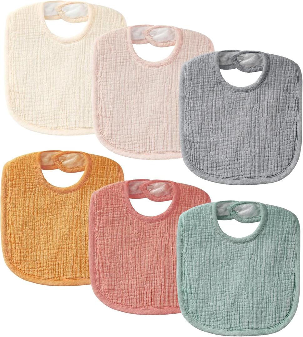 POIKSHARK 6-Pack Muslin Baby Bibs for Unisex Boys Girls, Cotton Baby Drool Bibs, Drooling and Teething Bibs for Infant (Neutral)