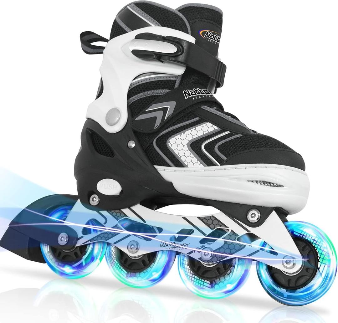 Nattork Adjustable Inline Skates for Girls and Boys with Full Light up Wheels, Beginner Roller Skates for Kids Youth Purple Pink Blue Black (Small-Little Kid (10C-13C))