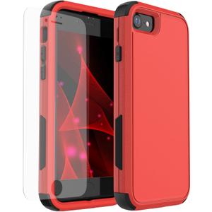 X-belmox Heavy Duty Phone Case for iPhone SE 2022 (3rd Gen) with Glass Screen Protector, 3 in 1 for iPhone SE 2020 Case [Shockproof] Rugged Protective [Drop Proof] iPhone 7/8 case 4.7" -Red/Black