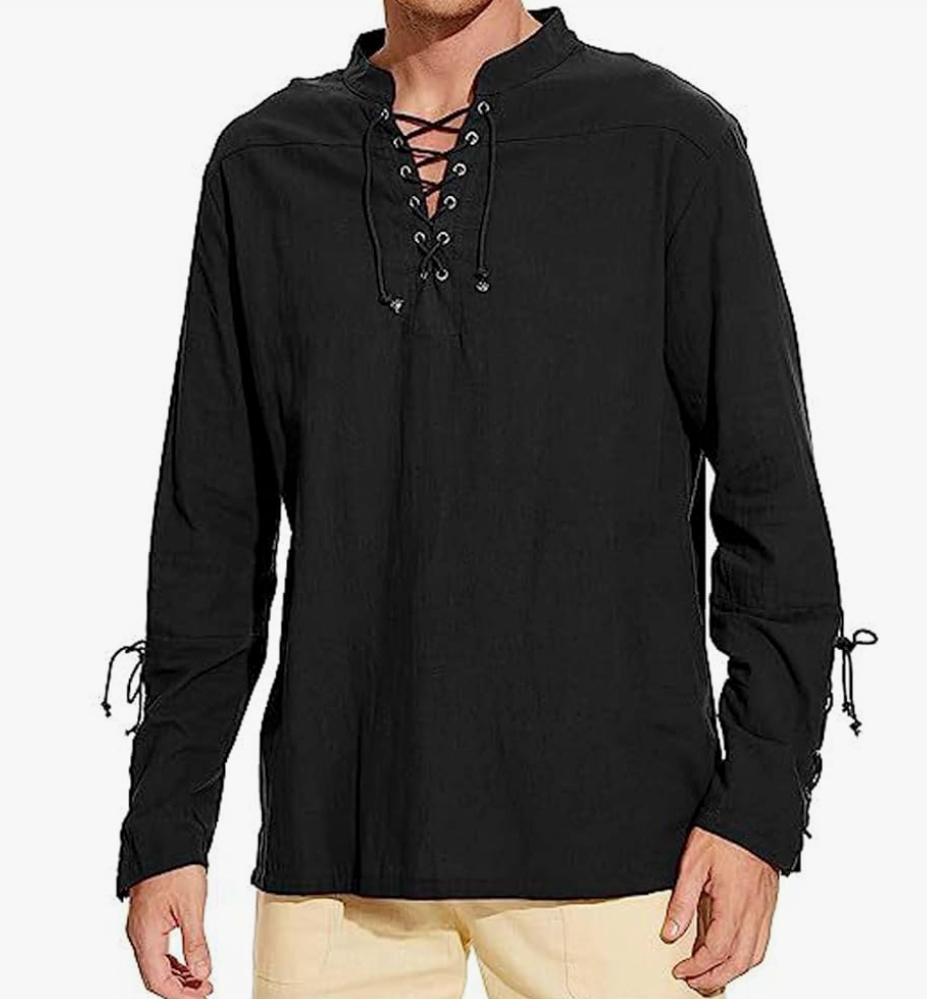 Men's Pirate Shirt Medieval Renaissance Steampunk Retro Long Sleeve Lace up T Shirt Viking Gothic Leisure Costume Top, Large