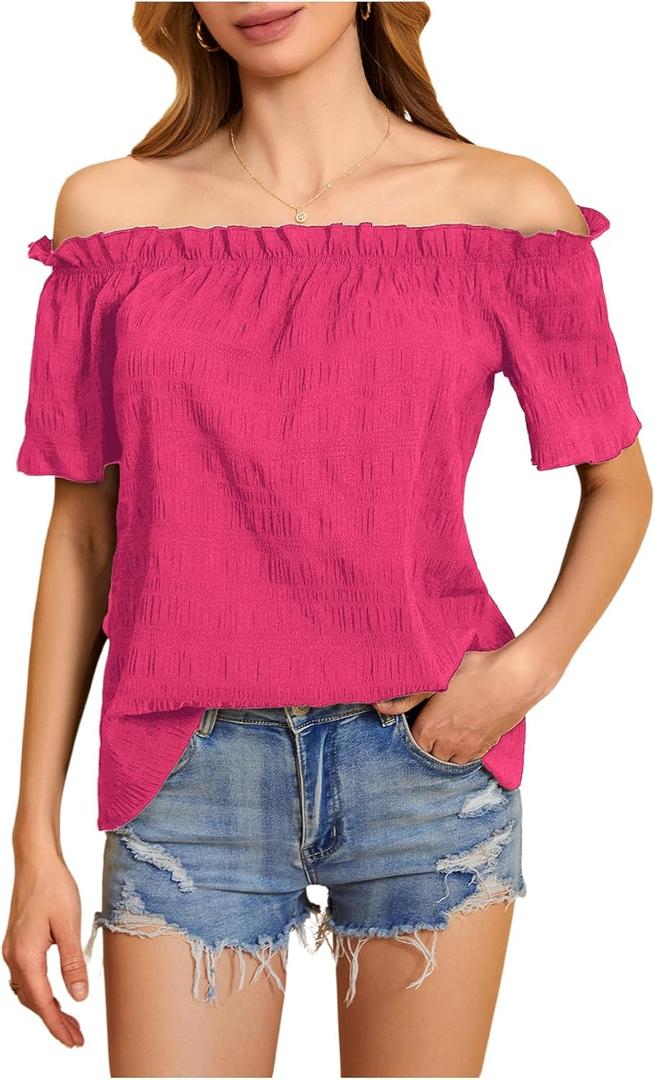 MakeMeChic Women's Summer Off Shoulder Tops Ruffle Short Sleeve Dressy Casual Blouse Top (Pink, M)