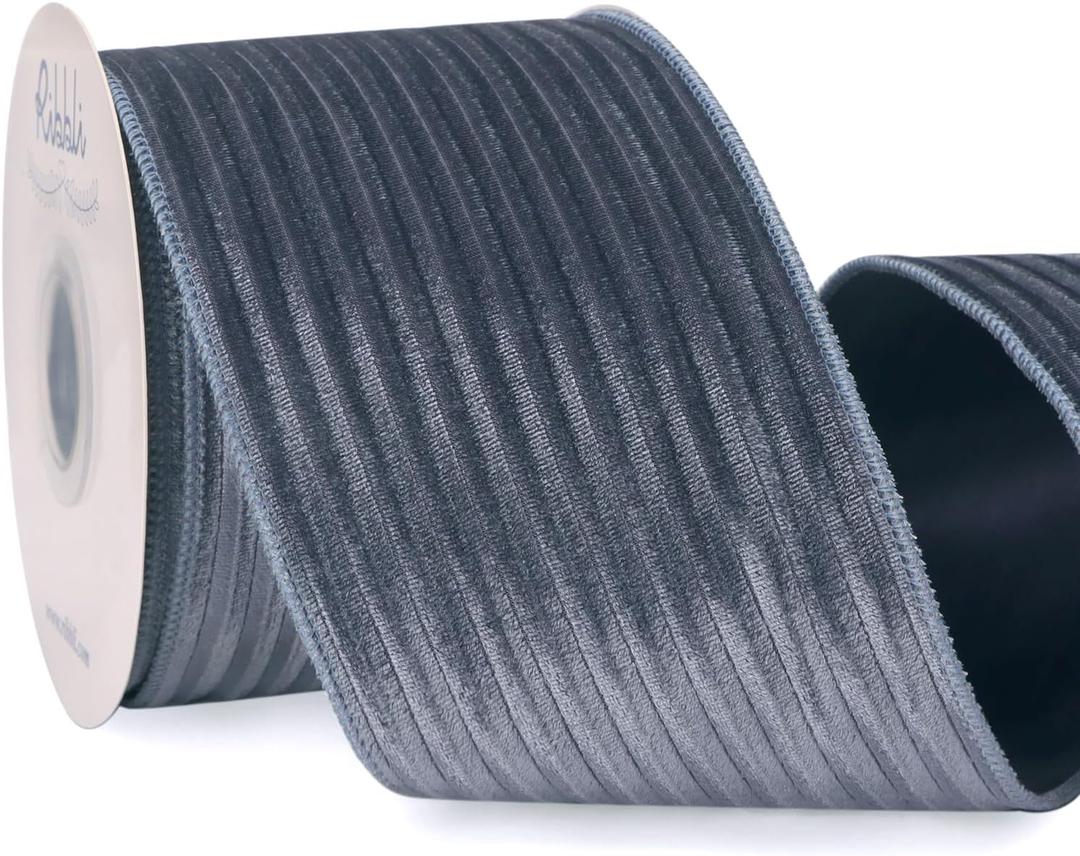 Ribbli Glossy Dusty Blue Velvet Wired Ribbon 4 Inch Striped Velvet Christmas Ribbon for Gift Wrapping Christmas Tree Decoration Crafts Wreaths Supplies-Continuous 10 Yards