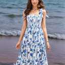 BROVAVE Women Summer Floral Dress: Casual Square Neck Flowy Boho Beach Midi Sundress Sleeveless Tie Shoulder Vacation Daily (Blue, L)