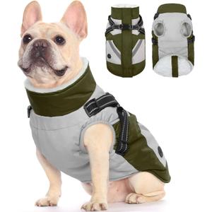 FUAMEY Dog Winter Jackets for Medium Dogs,Dog Coat with Harness Built in,Waterproof Dogs Snowsuits Warm Pet Jacket Zip Up Fleece Cold Weather Coats Reflective Puppy Vest with Pocket Green M (Medium(chest:21in))