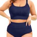 Tempt Me Plus Size Two Piece Swimsuit - Women Ribbed High Waisted Bikini Sets Navy Blue Tummy Control Bathing Suits 2025 Swimwear 18W
