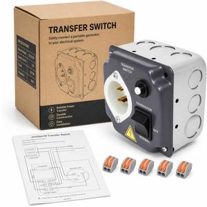 15 Amp 125V Manual Generator Transfer Switch, Pre-Wired Essential Circuit Backup Power Switch for Home, Safe Power Transfer for Refrigerator, Furnace, Lights