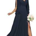 Women's Chiffon Mother of The Bride Dresses for Wedding V Neck Bridesmaid Dress with Sleeves Formal Evening Party Gown (Black)