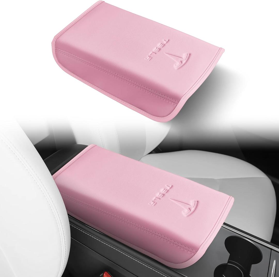 Center Console Leather Armrest Cover Designed for Tesla Model 3 2017-2023/Model Y 2020-2025,Center Console Accessories for Tesla Model 3/Y Interior Light Pink
