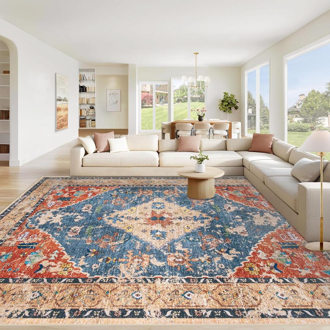 Area Rug 8x10 Washable Rug, Vintage Boho Medallion Rugs Non-Slip Soft Low Pile Large Distressed Rug Indoor Retro Carpet for Living Room Bedroom Dining Room Home Office (Tribal Medallion/Multi, 8'x10')
