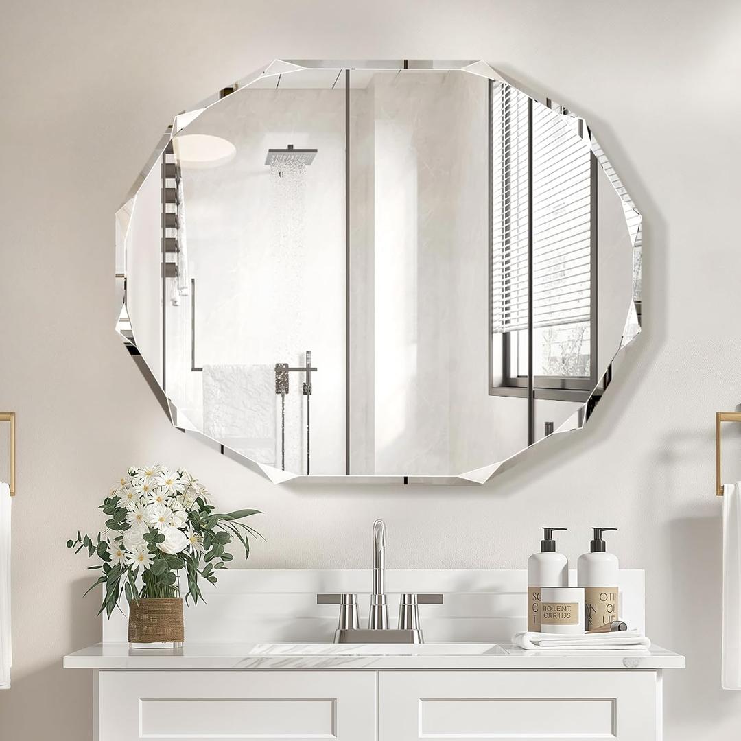 Pregaspor Single Beveled Edge Bathroom Vanity Mirror, 30" x 36" Oval Wall Mirror, Shatterproof Frameless Mirror for Over Sink, Restroom