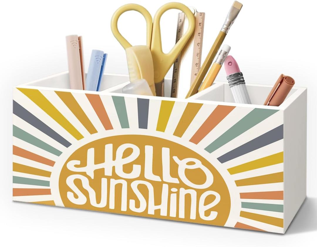 Hello Sunshine Pen Holder for Classroom Office Desk, Boho Classroom Decor, Retro Hello Sunshine Gifts Makeup Brush Toothbrush Holder Organizer for Bathroom Desk Accessories